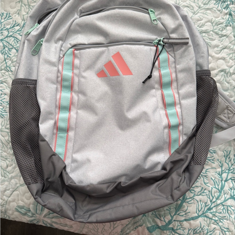 Adidas Light Gray Backpack with Pink and Mint Details